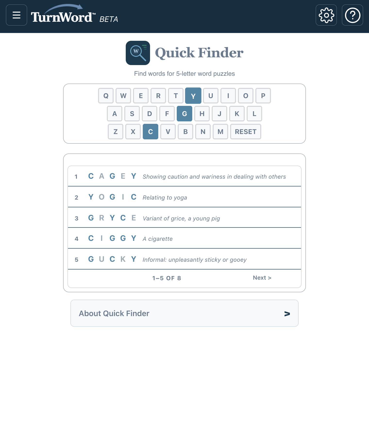 Quick Finder with C, G and Y blue: CAGEY, YOGIC, GRYCE, CIGGY, GUCKY, 1–5 of 8