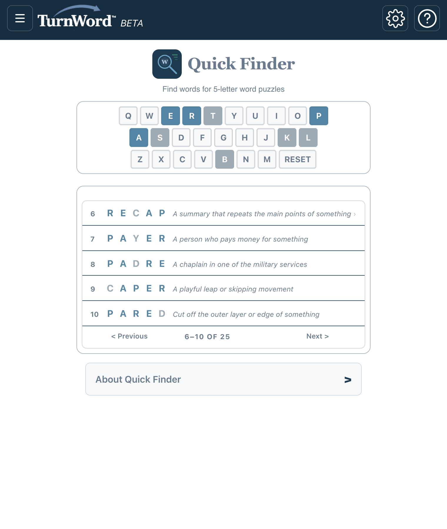 Quick Finder with P, A, E, R blue: page two of 25 — RECAP, PAYER, PADRE, CAPER, PARED