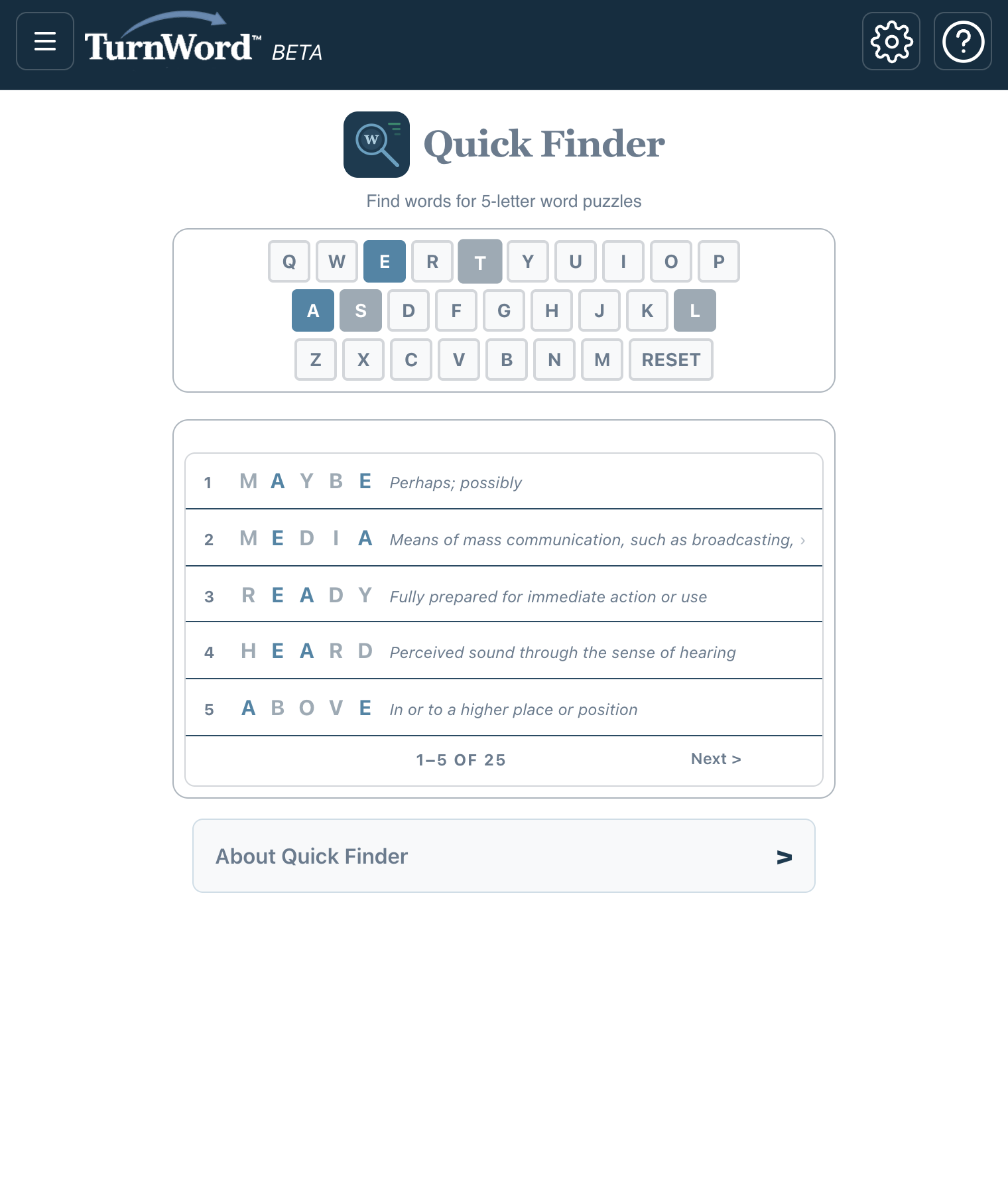 Quick Finder with A and E blue and S, L, T gray: MAYBE, MEDIA, READY, HEARD, ABOVE, 1–5 of 25