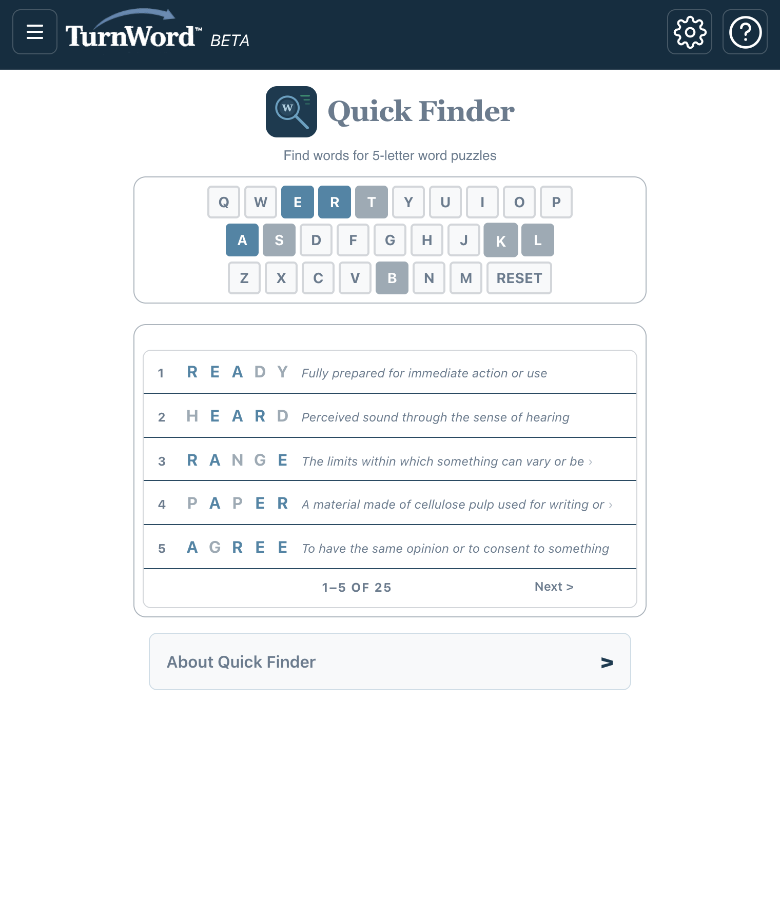 Quick Finder with A, E, R blue and S, L, T, B, K gray: READY, HEARD, RANGE, PAPER, AGREE