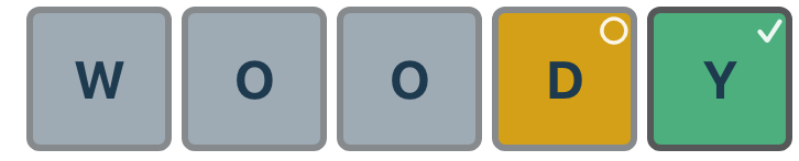 W (gray) O (gray) O (gray) D (yellow) Y (green)